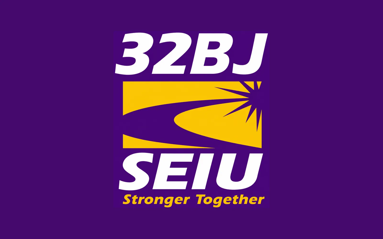 SEIU 32BJ stronger together campaign graphic in purple, yellow, and white.