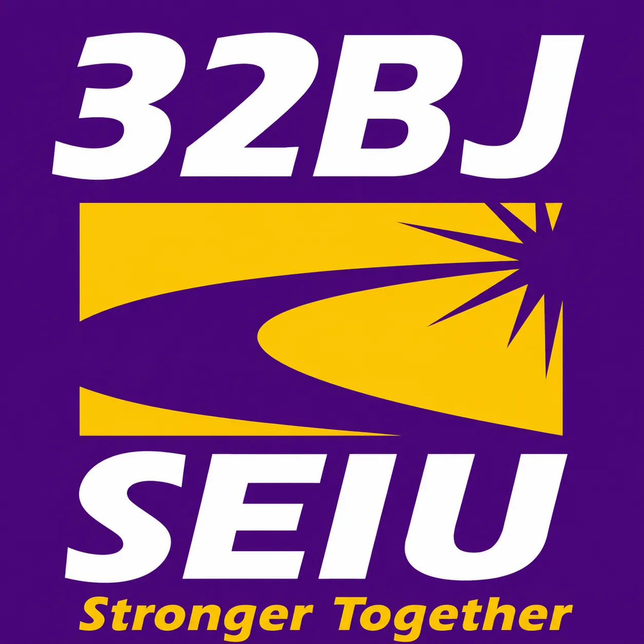 SEIU 32BJ Stronger Together campaign artwork in purple, yellow, and white.