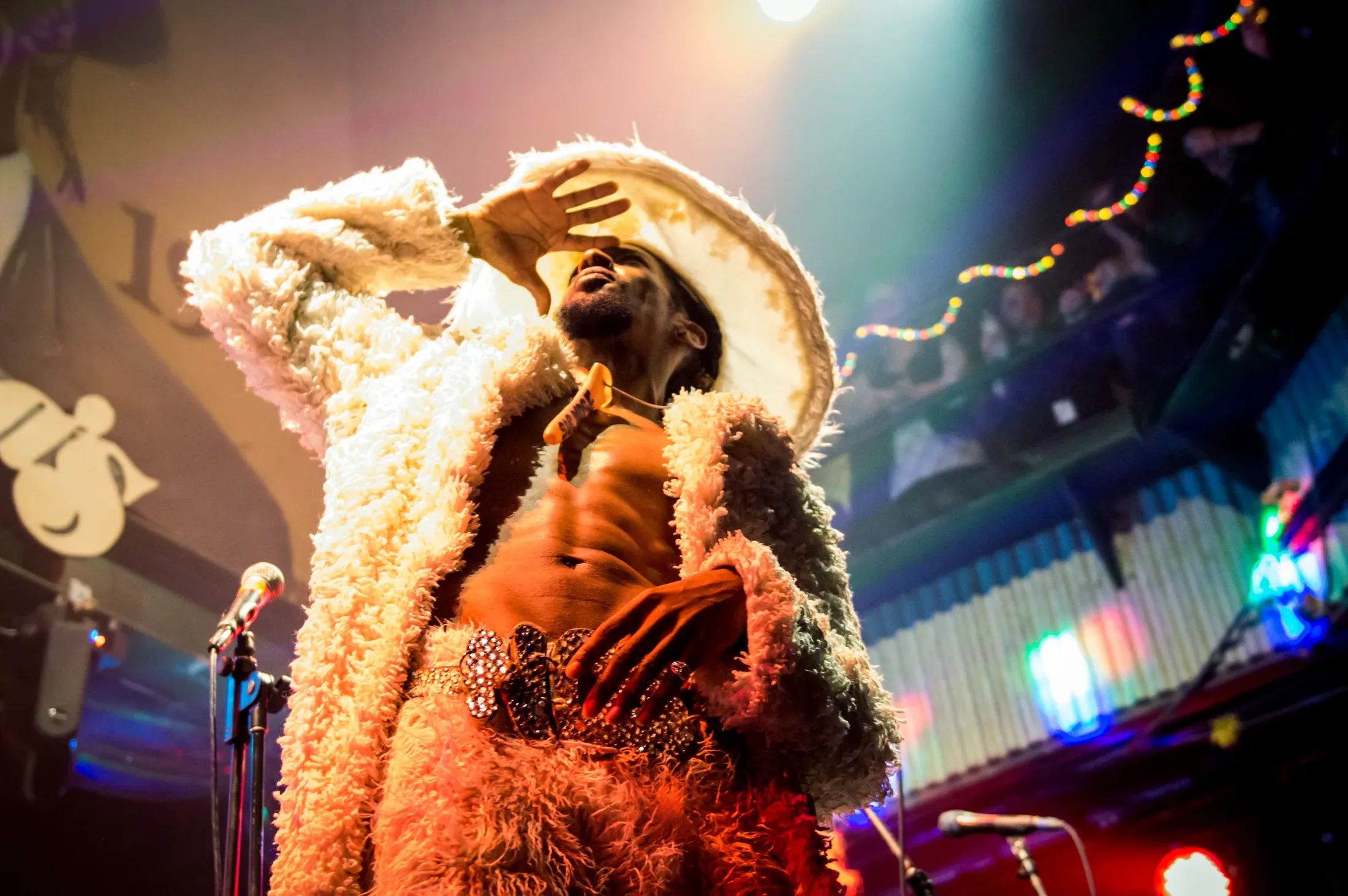 A costumed performer under warm stage lights.