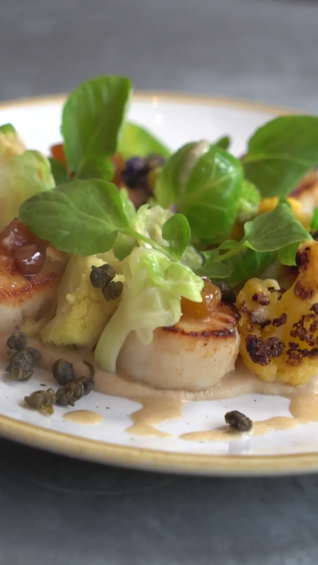 A composed restaurant dish finished with greens and sauce.